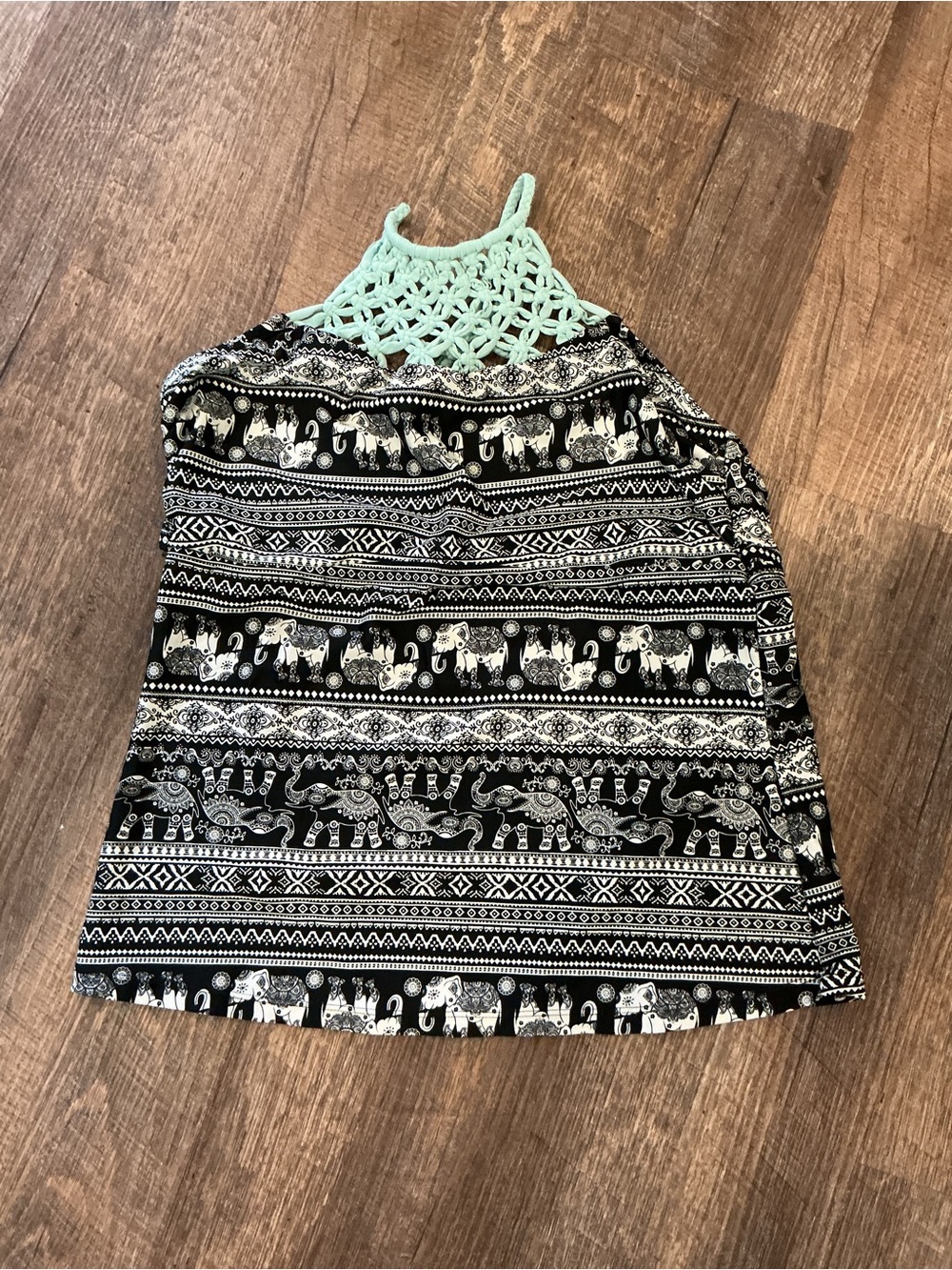 Arizona Jean Company Black & Mint Crochet Yoke Elephant-Print Halter Top